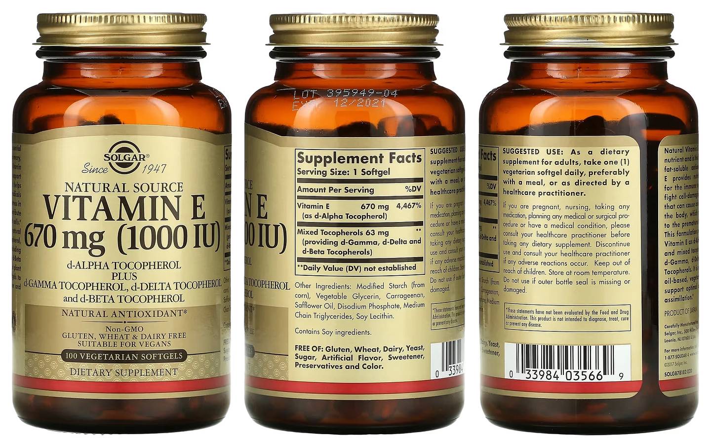 Solgar, Naturally Sourced Vitamin E packaging