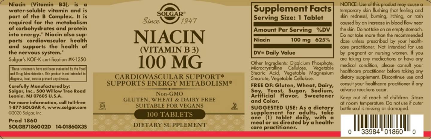 Solgar, Niacin (Vitamin B3) label