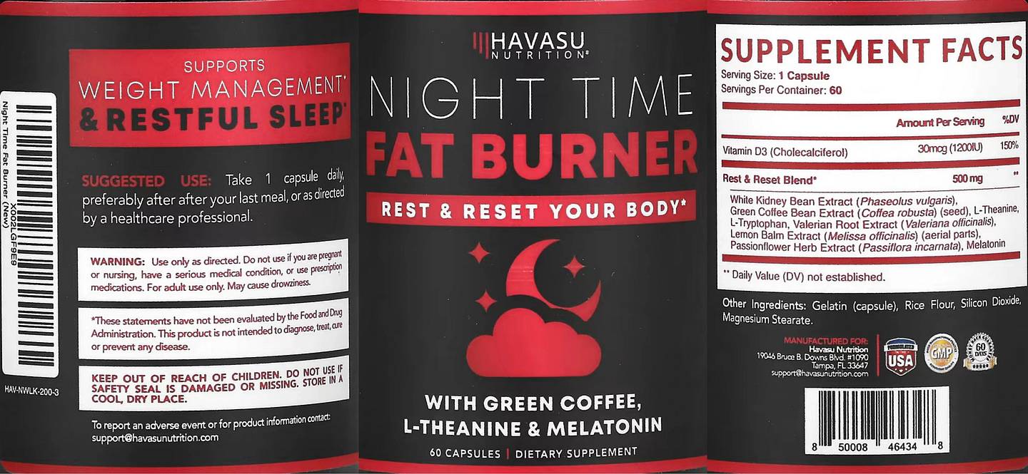 Havasu Nutrition, Night Time Fat Burner + Melatonin label