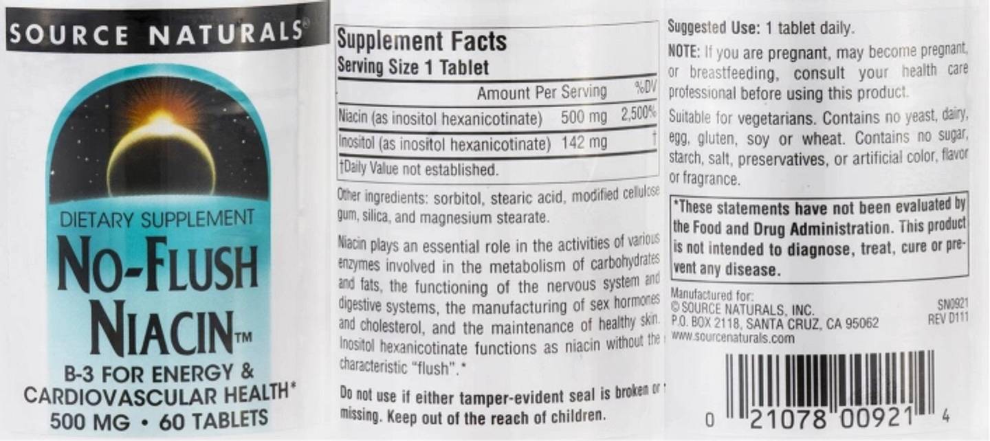 Source Naturals, No-Flush Niacin label