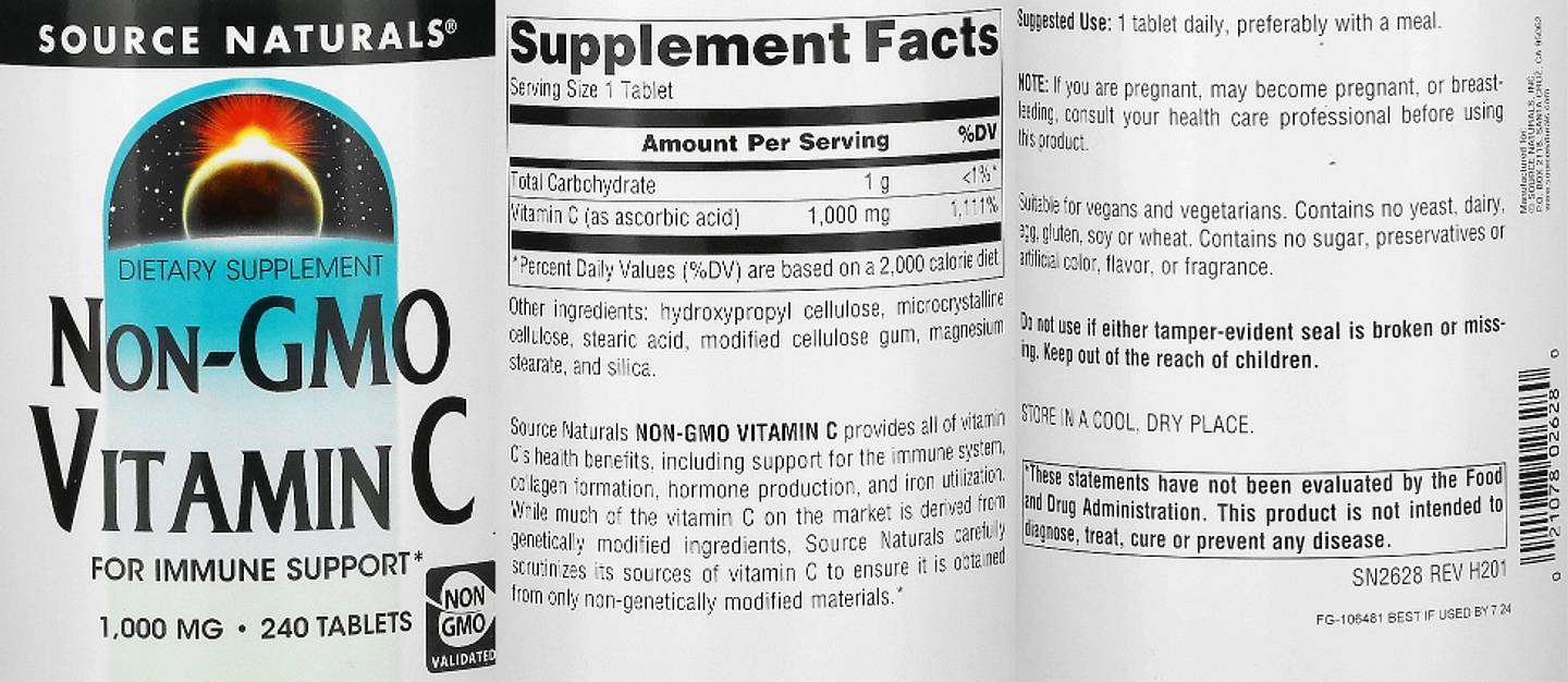 Source Naturals, Non-GMO Vitamin C label