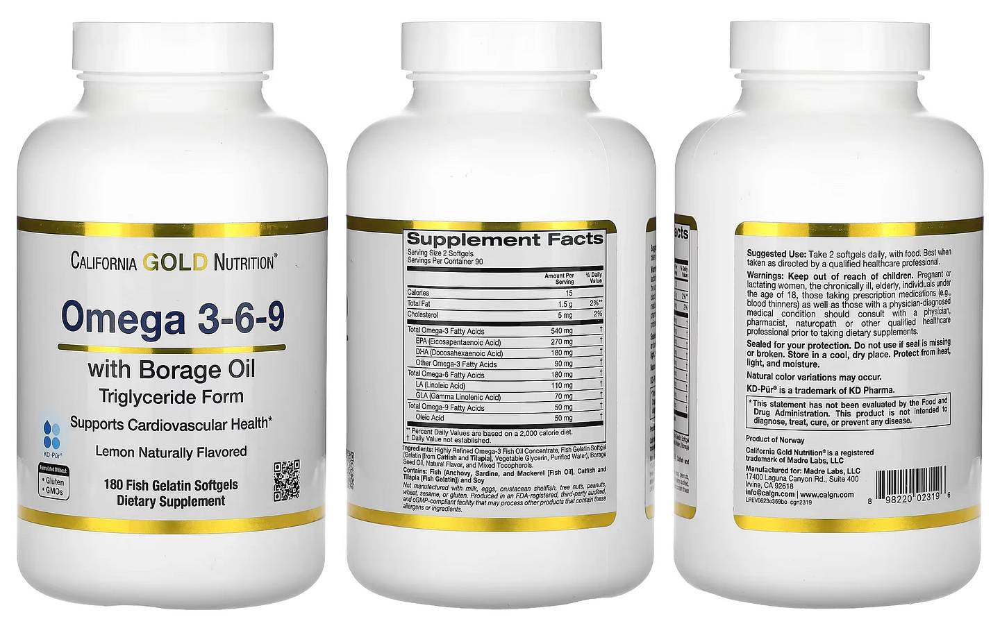 California Gold Nutrition, Norwegian Omega 3-6-9 Fish Oil with Borage Oil packaging