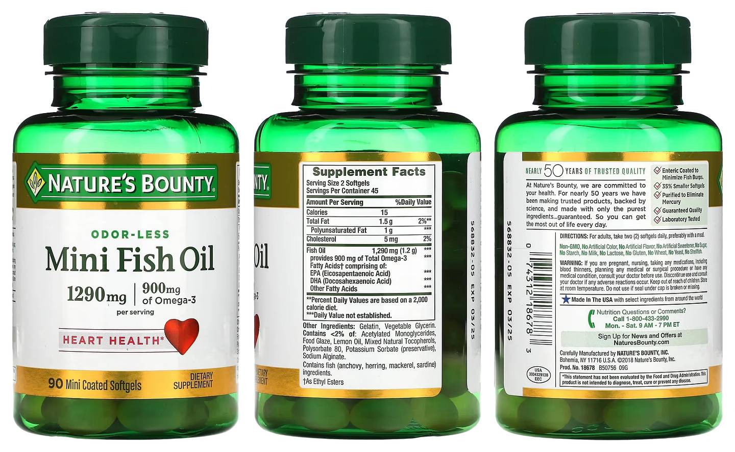 Nature's Bounty, Odor-Less Mini Fish Oil packaging