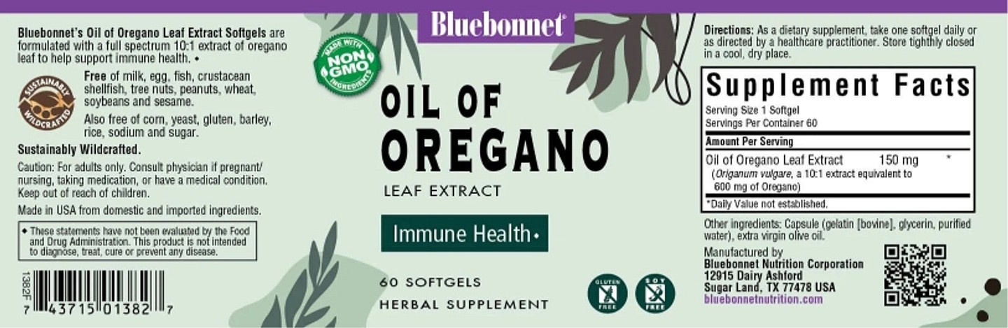 Bluebonnet Nutrition, Oil of Oregano label