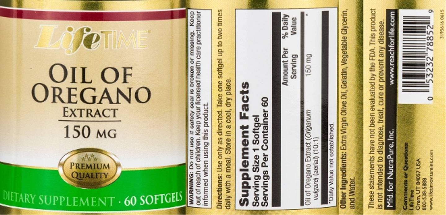 LifeTime Vitamins, Oil of Oregano Extract label