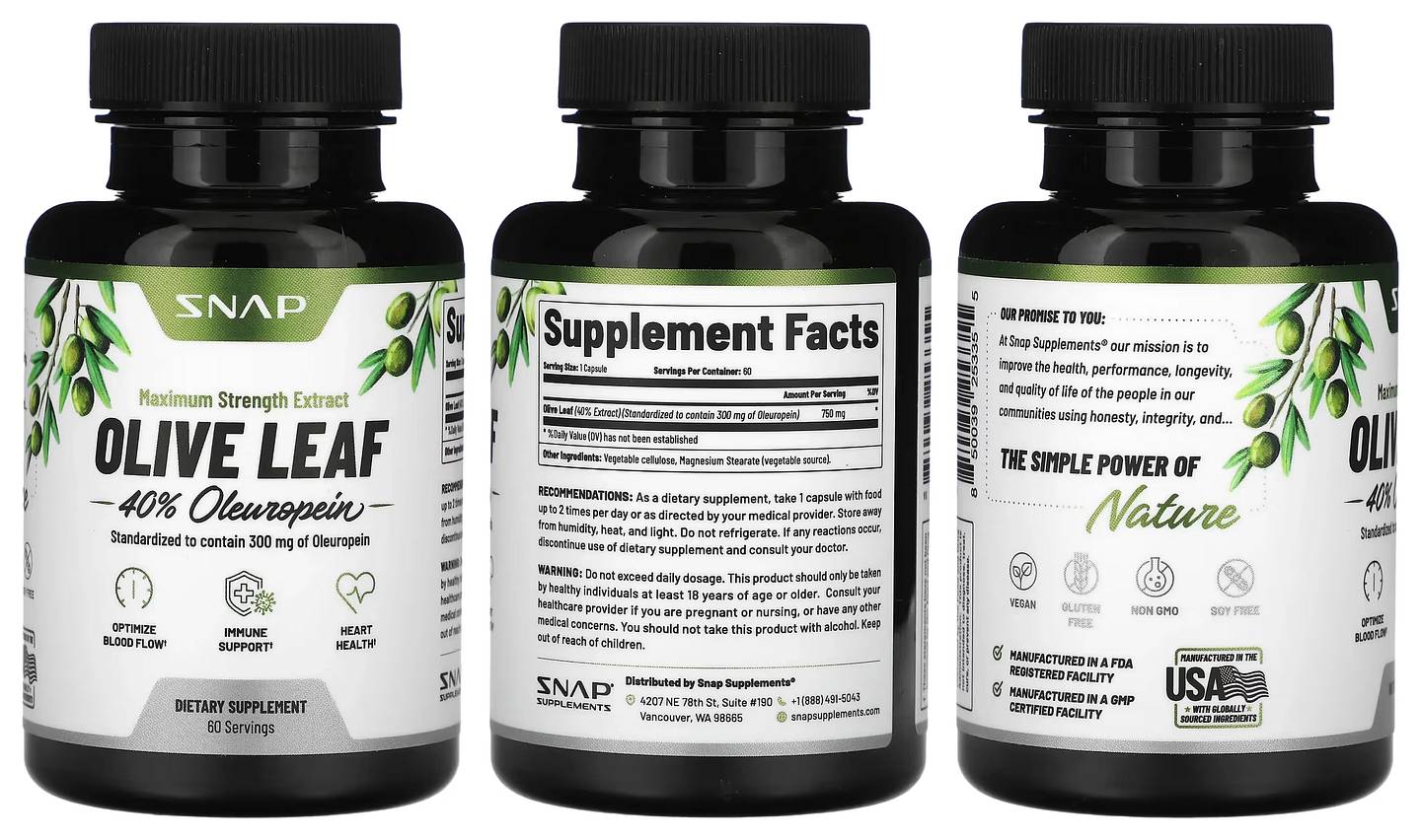 Snap Supplements, Olive Leaf, Maximum Strength packaging