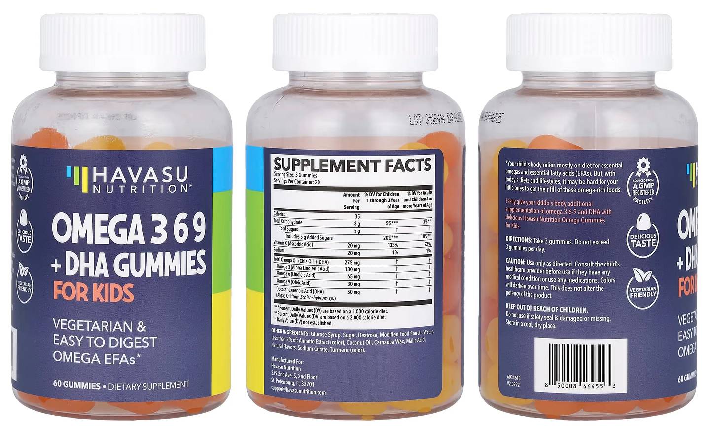 Havasu Nutrition, Omega 3 6 9 + DHA Gummies for Kids packaging