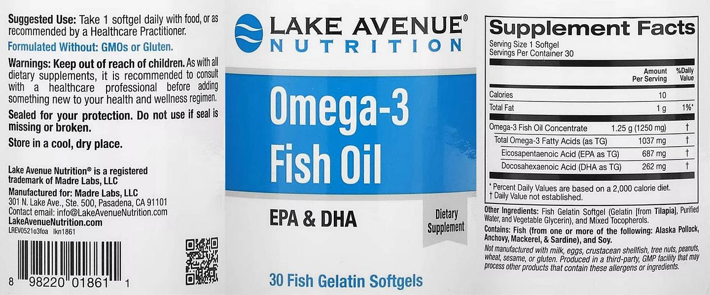 Lake Avenue Nutrition, Omega-3 Fish Oil label