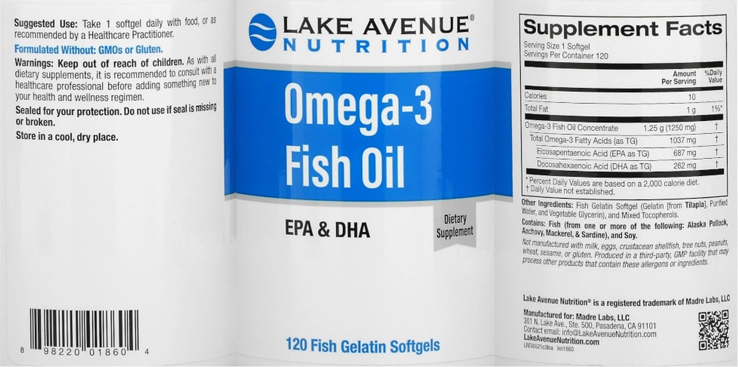 Lake Avenue Nutrition, Omega-3 Fish Oil label