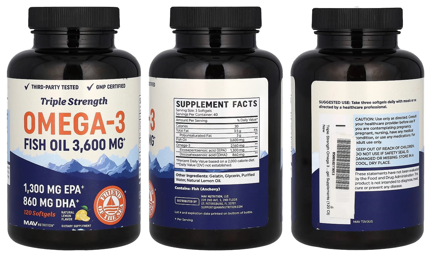 MAV Nutrition, Omega-3 Fish Oil packaging