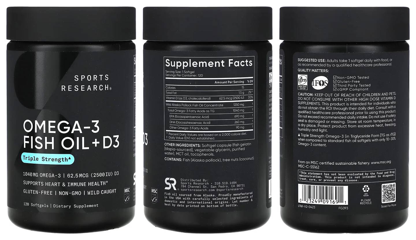 Sports Research, Omega-3 Fish Oil + D3 packaging