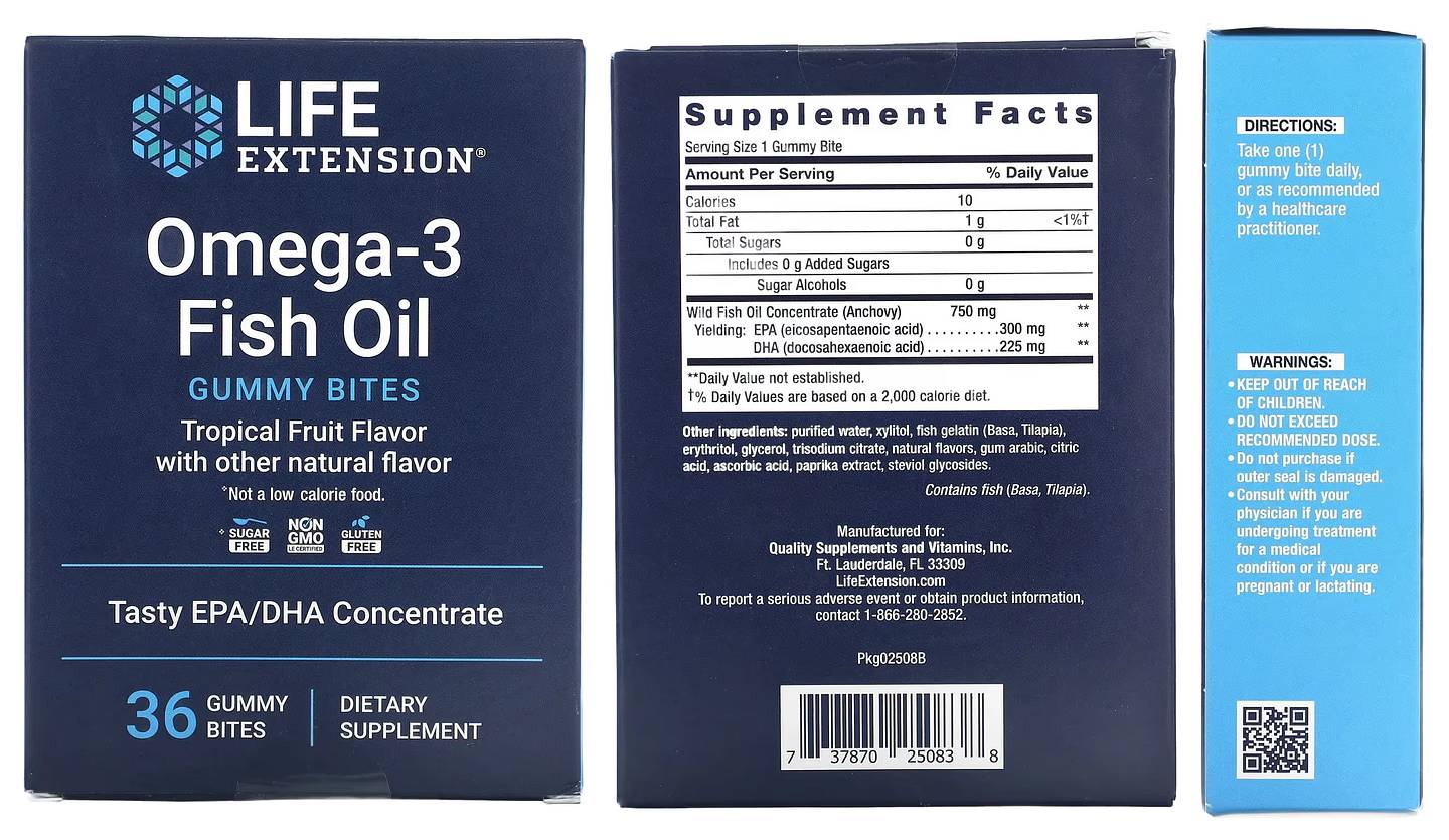 Life Extension, Omega-3 Fish Oil Gummy Bites packaging