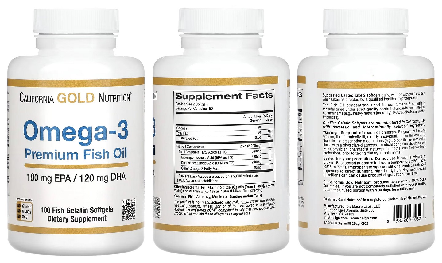 California Gold Nutrition, Omega-3 Premium Fish Oil packaging