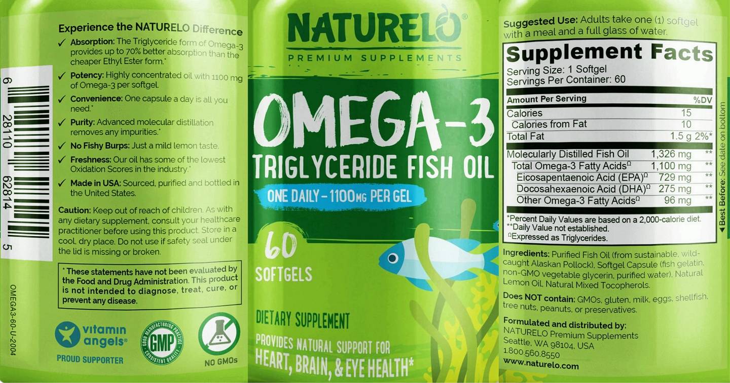 NATURELO, Omega-3 Triglyceride Fish Oil label