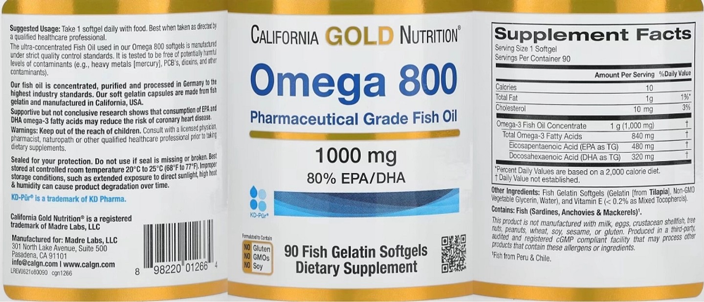 California Gold Nutrition, Omega 800 Ultra-Concentrated Omega-3 Fish Oil label