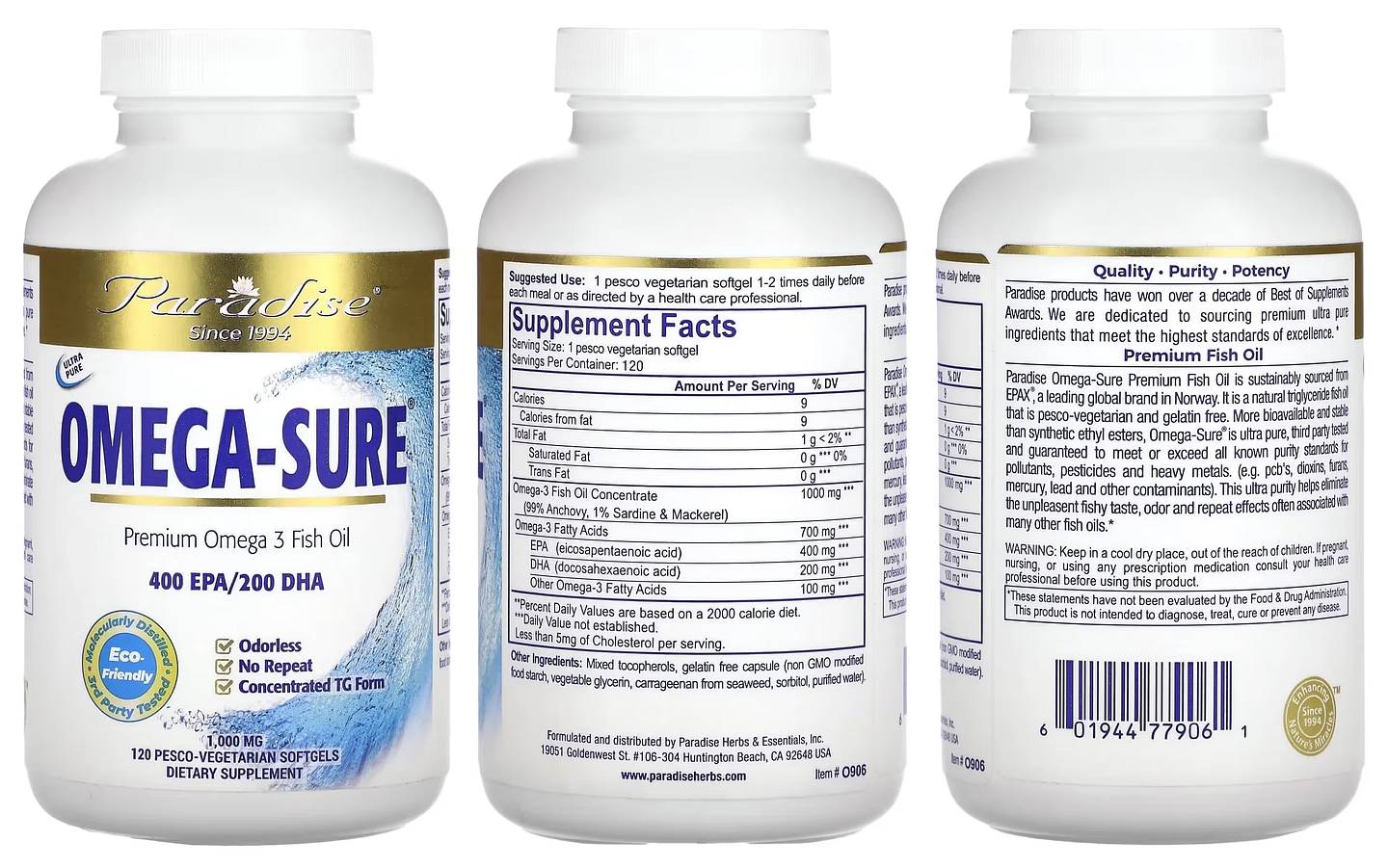 Paradise Herbs, Omega-Sure, Premium Omega 3 Fish Oil packaging