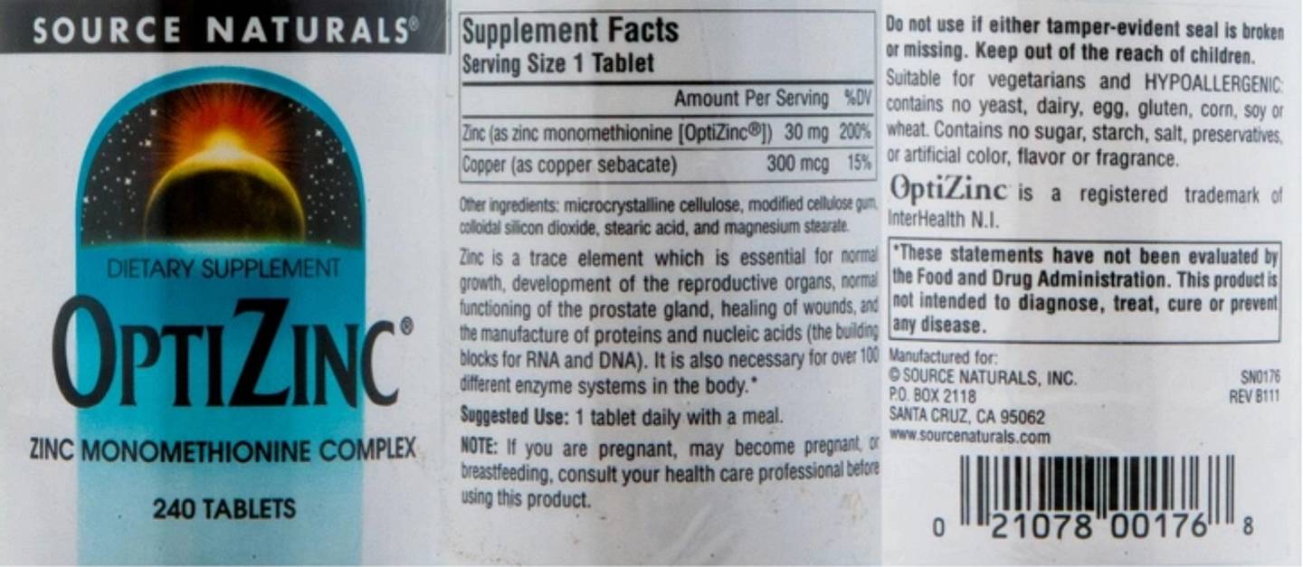 Source Naturals, OptiZinc label