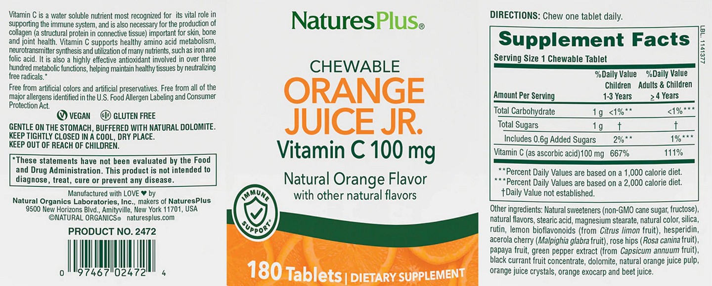 NaturesPlus, Orange Juice Jr Chewable Vitamin C label