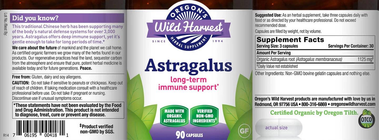 Oregon's Wild Harvest, Organic Astragalus label