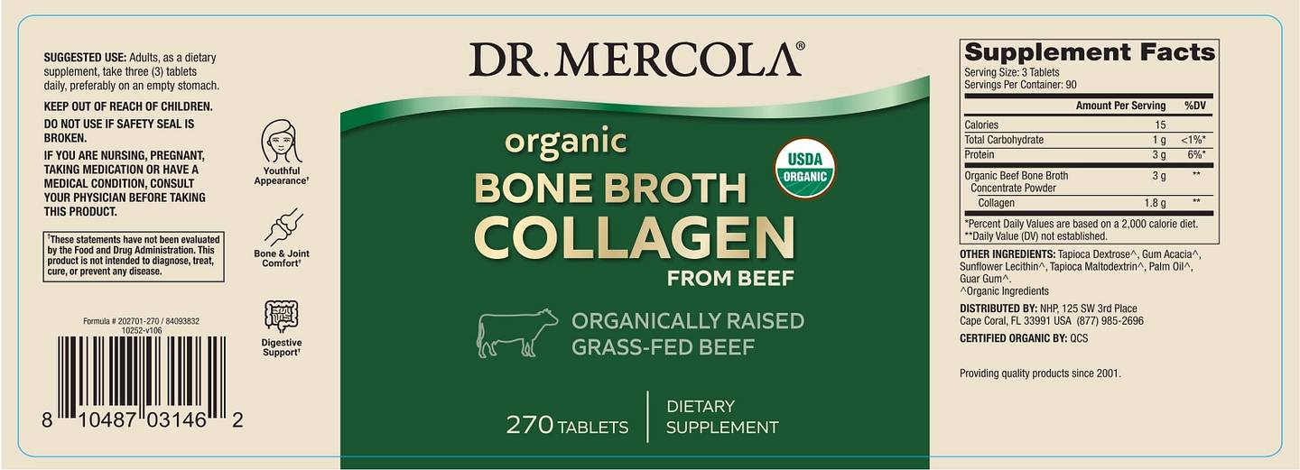 Dr. Mercola, Organic Bone Broth Collagen from Beef label