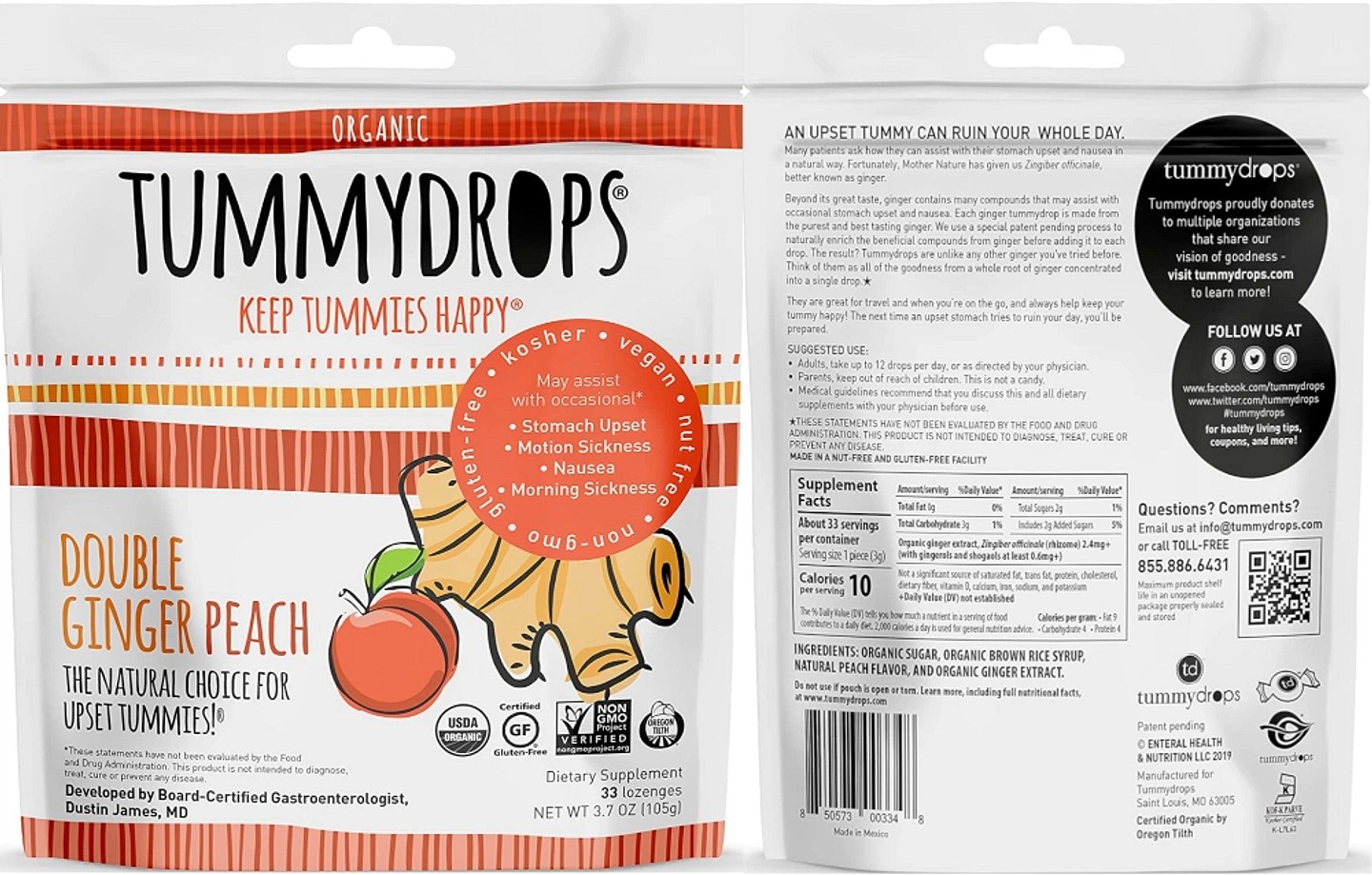 Tummydrops, Organic Double Ginger Peach label