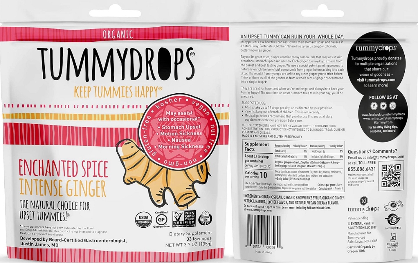 Tummydrops, Organic Enchanted Spice Intense Ginger label