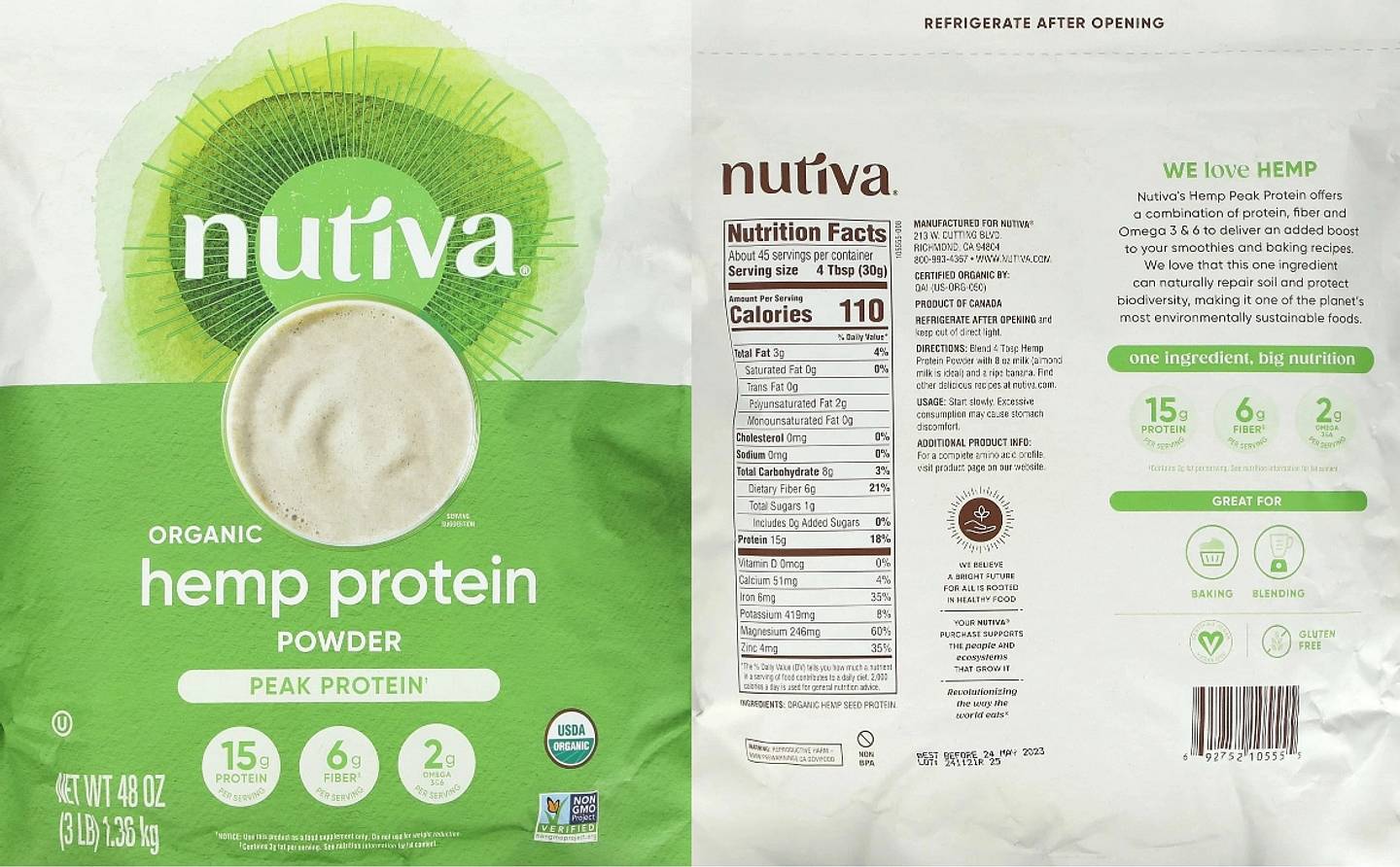 Nutiva, Organic Hemp Protein Powder label