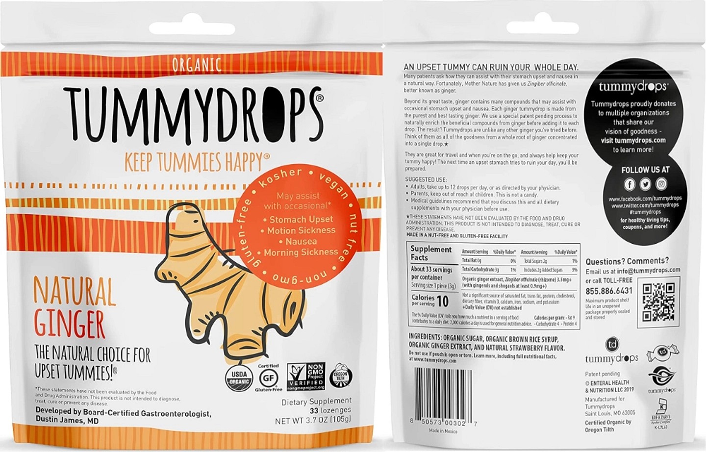 Tummydrops, Organic Natural Ginger label