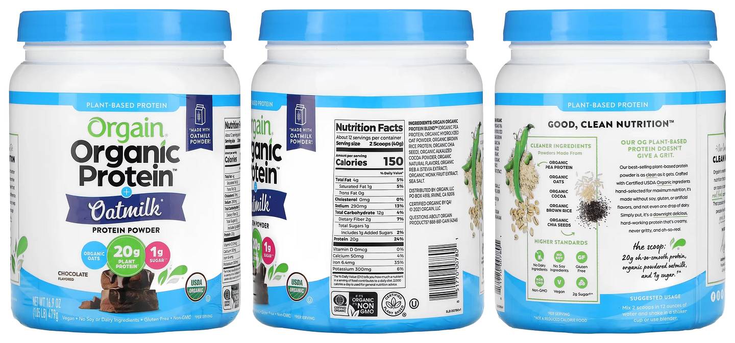 Orgain, Organic Protein Powder + Oatmilk, Plant Based, Chocolate packaging