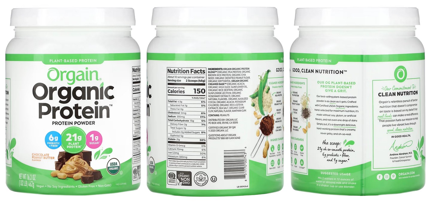 Orgain, Organic Protein Powder, Plant Based, Chocolate Peanut Butter packaging