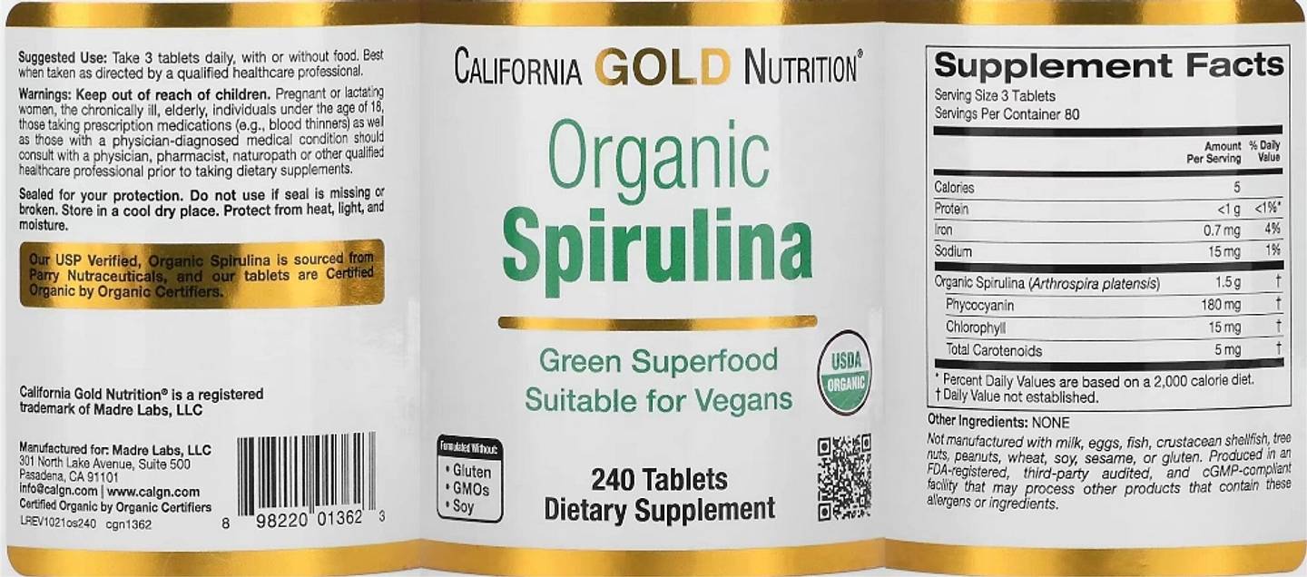 California Gold Nutrition, Organic Spirulina label