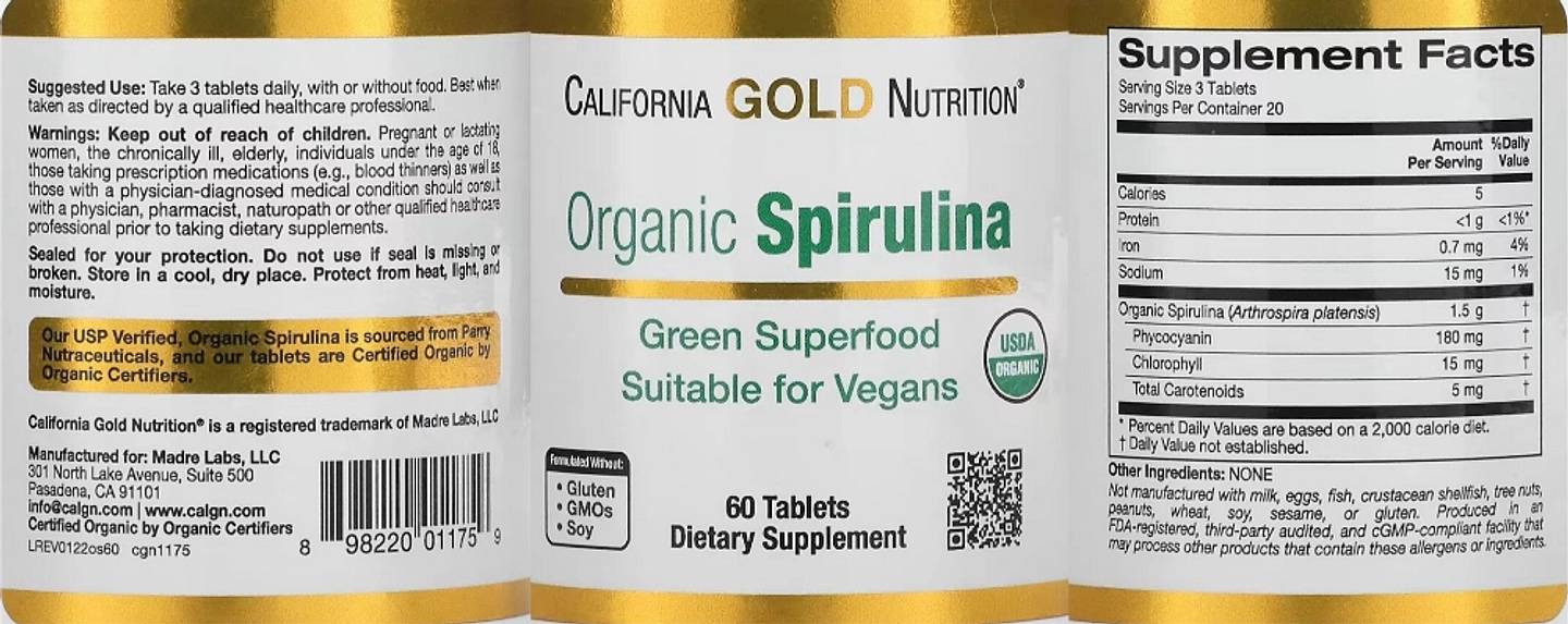 California Gold Nutrition, Organic Spirulina label