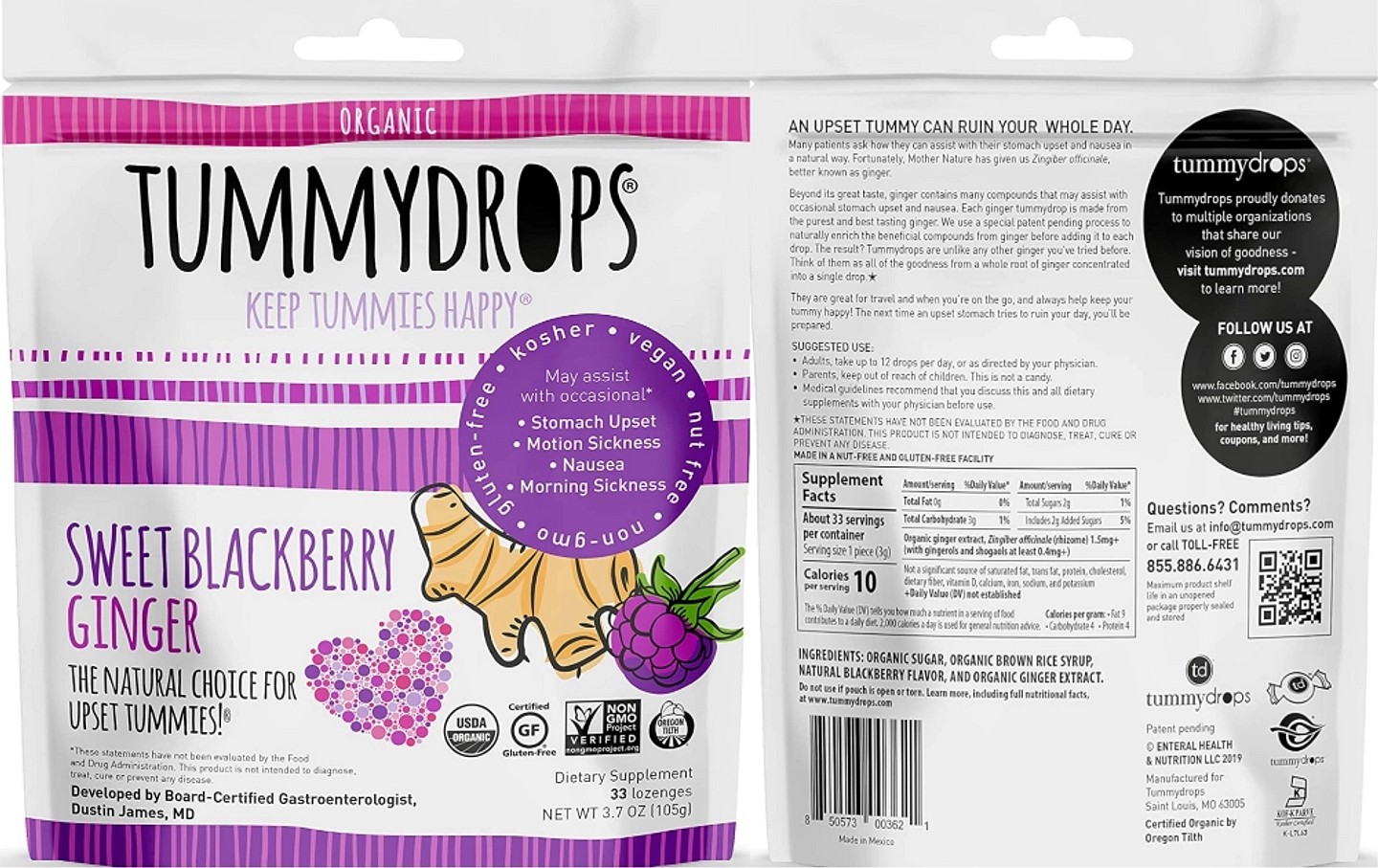 Tummydrops, Organic Sweet Blackberry Ginger label