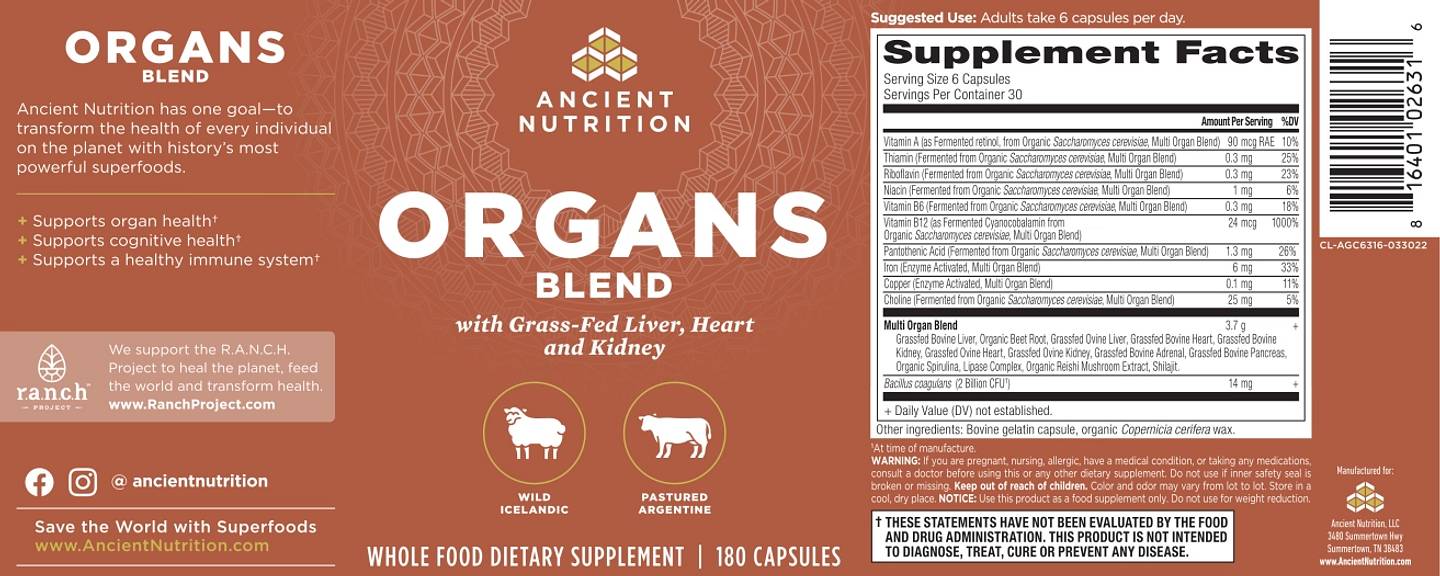 Ancient Nutrition, Organs Blend label