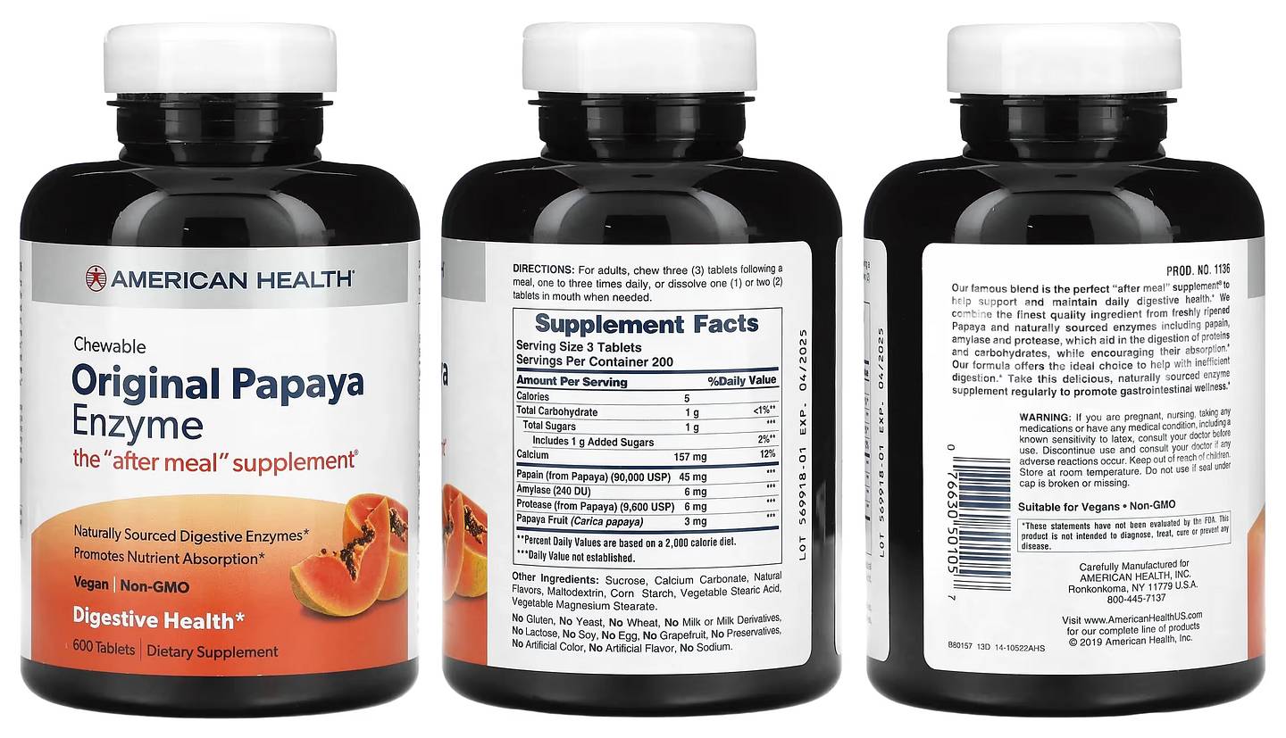 American Health, Original Chewable Papaya Enzyme packaging