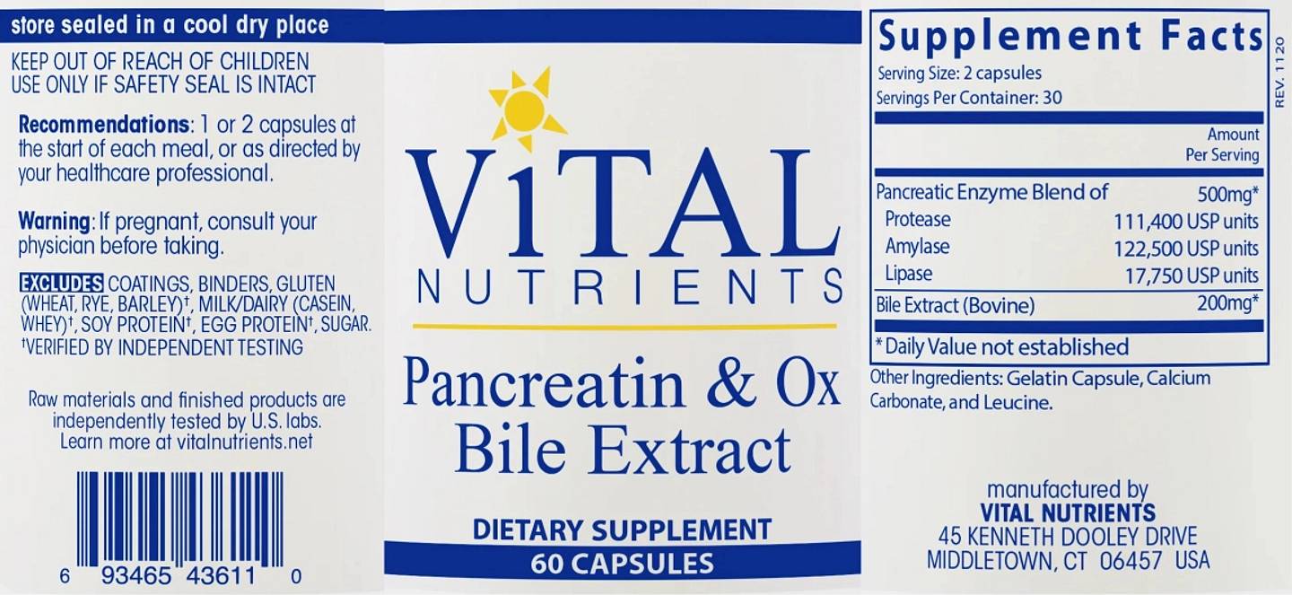 Vital Nutrients, Pancreatin & Ox Bile Extract label