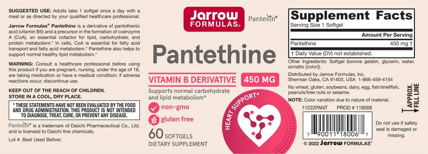 Jarrow Formulas, Pantethine label