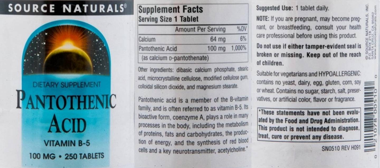 Source Naturals, Pantothenic Acid label