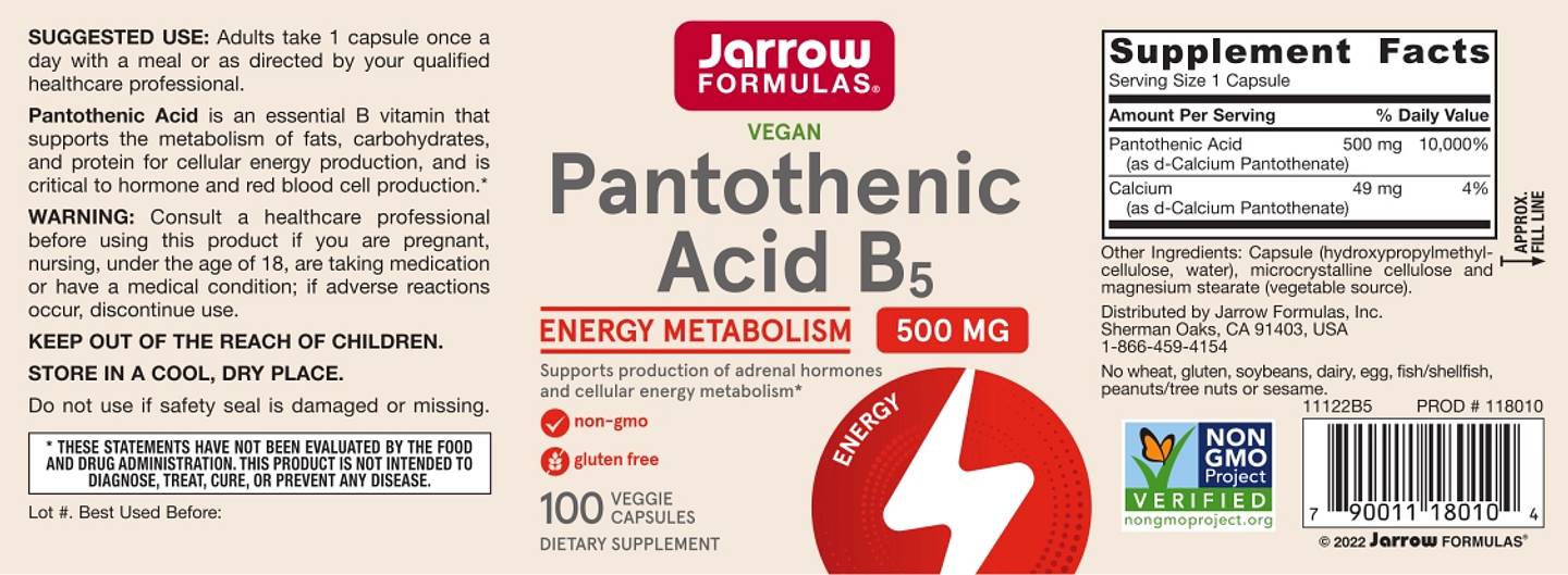 Jarrow Formulas, Pantothenic Acid B5 label