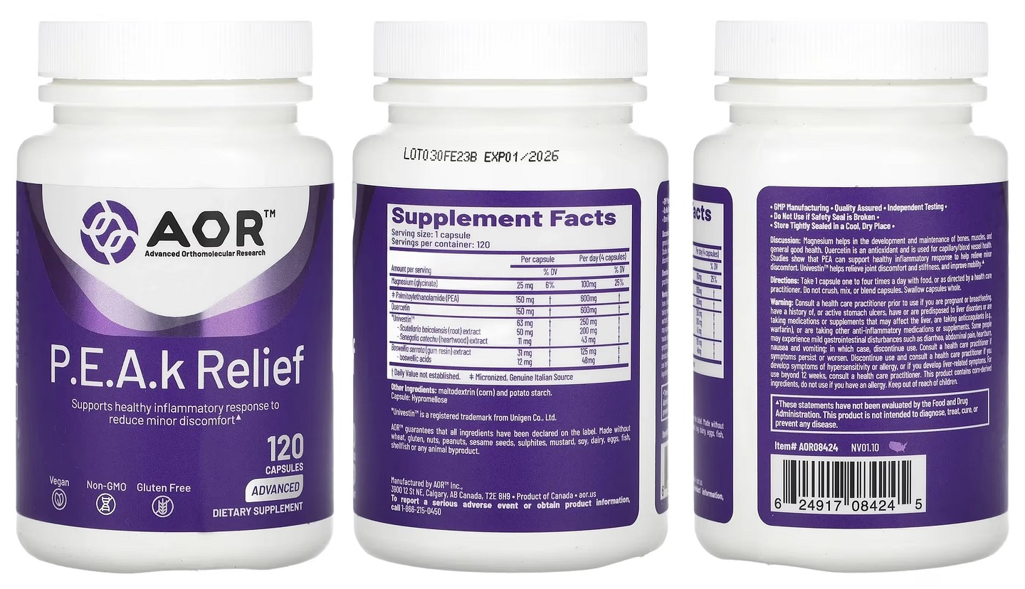 Advanced Orthomolecular Research AOR, P.E.A.k Relief packaging