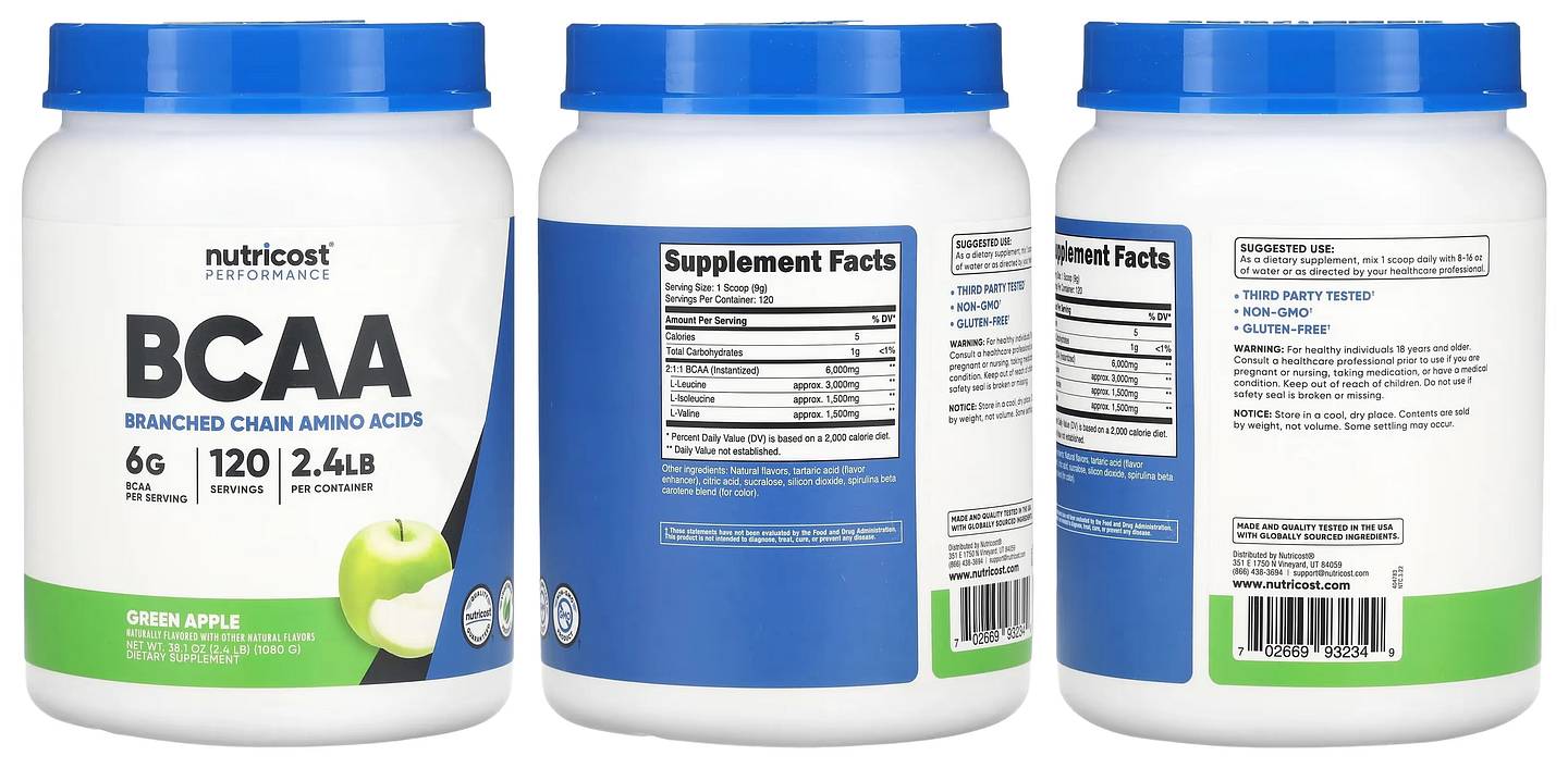 Nutricost, Performance BCAA, Green Apple packaging