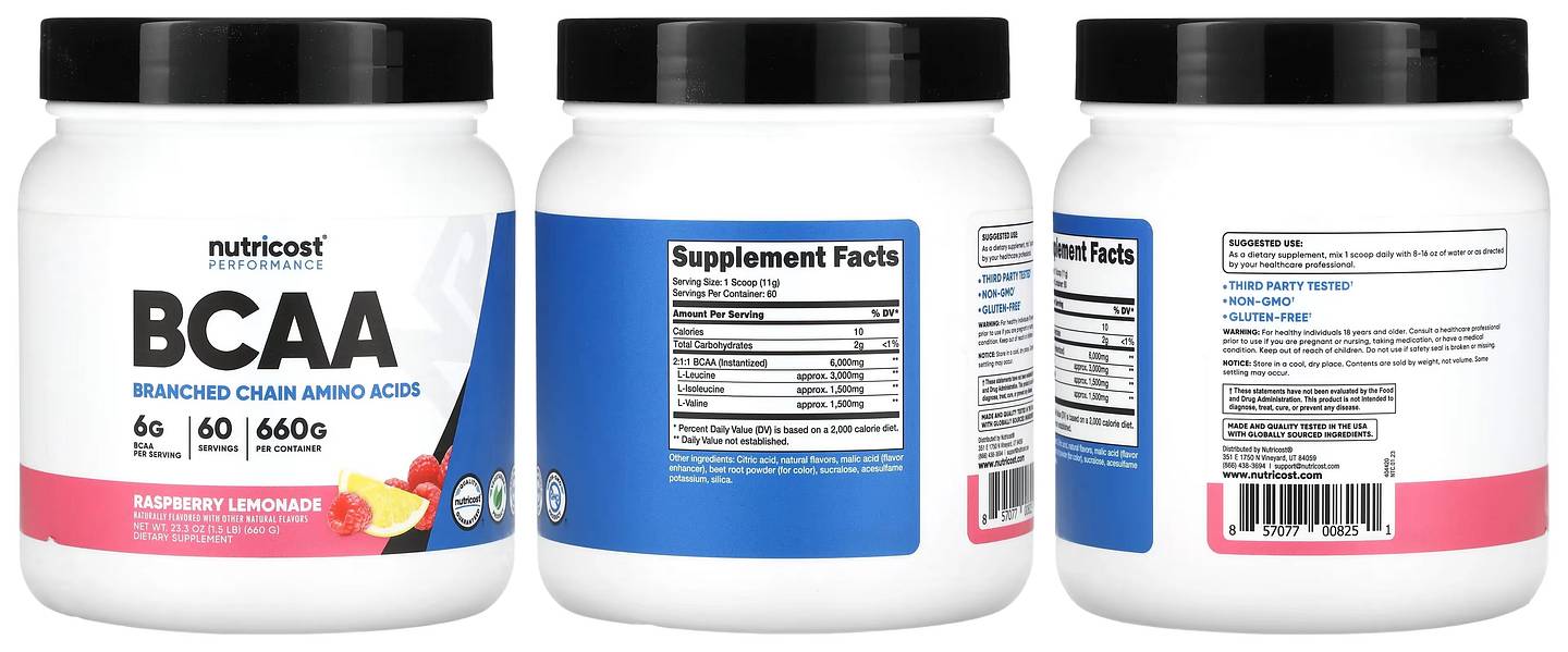 Nutricost, Performance BCAA Raspberry Lemonade packaging