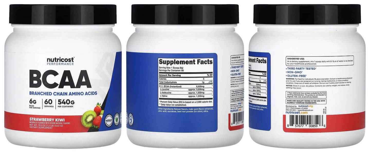 Nutricost, Performance BCAA Strawberry Kiwi packaging