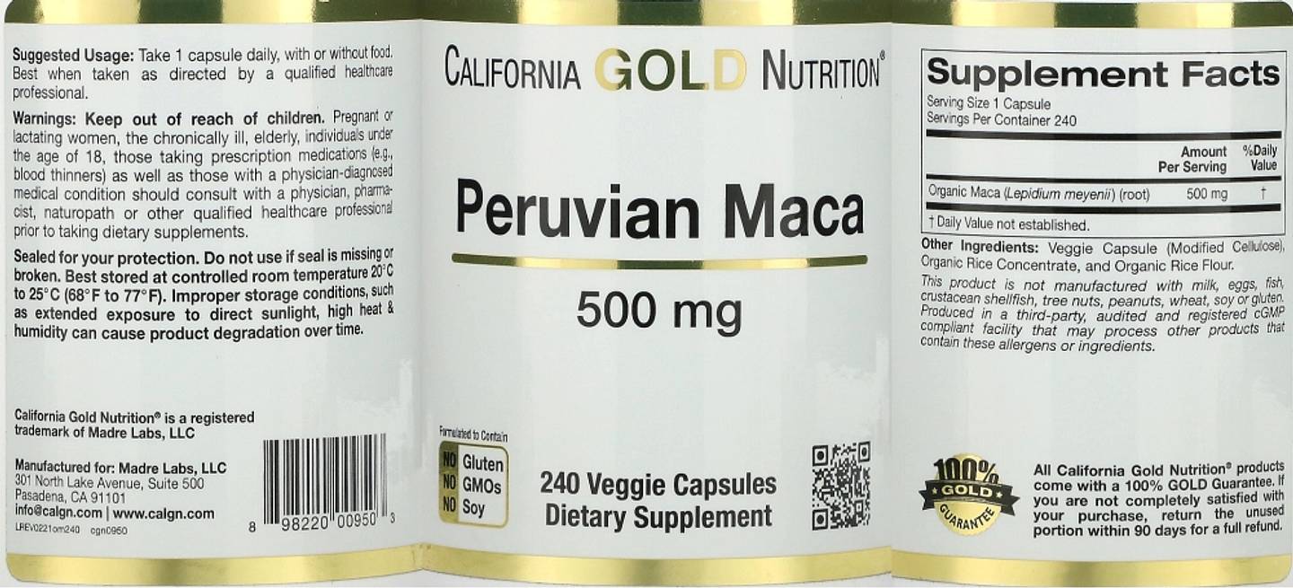 California Gold Nutrition, Peruvian Maca label