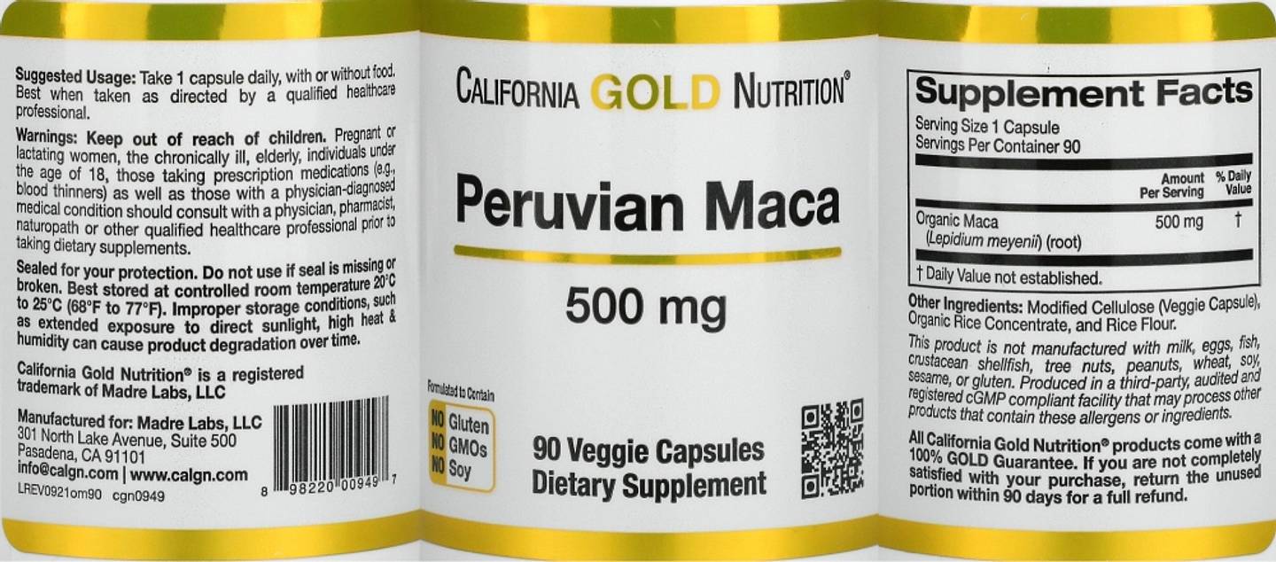 California Gold Nutrition, Peruvian Maca label