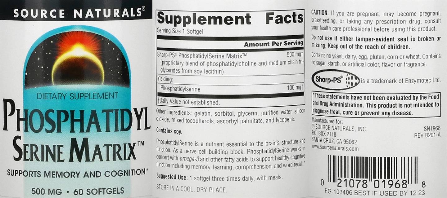 Source Naturals, Phosphatidyl Serine Matrix label