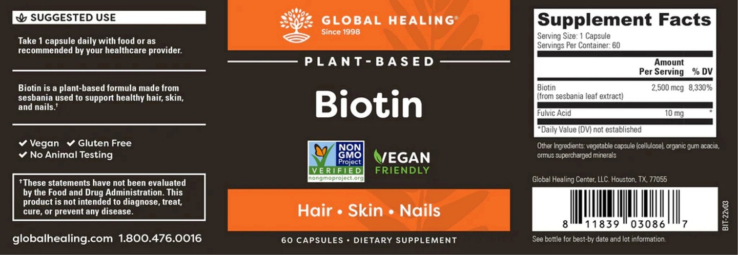 Global Healing, Plant-Based Biotin label