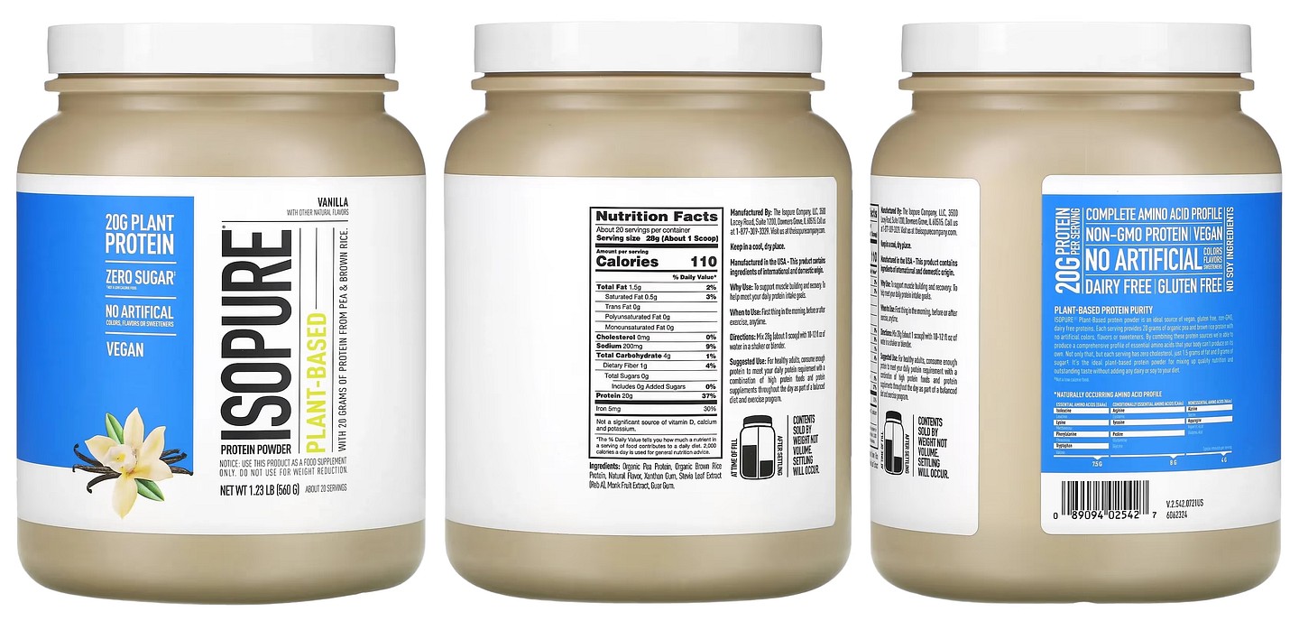 Isopure, Plant-Based Protein Powder packaging