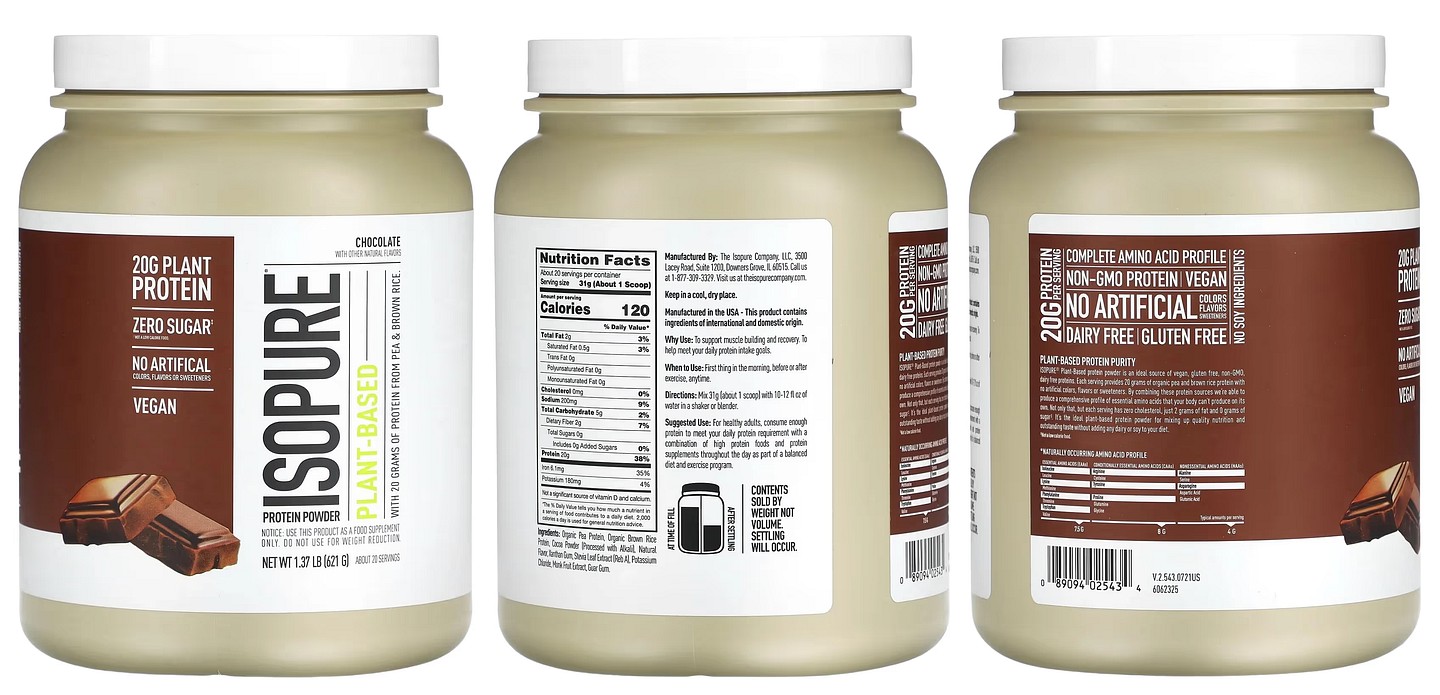 Isopure, Plant-Based Protein Powder, Chocolate packaging