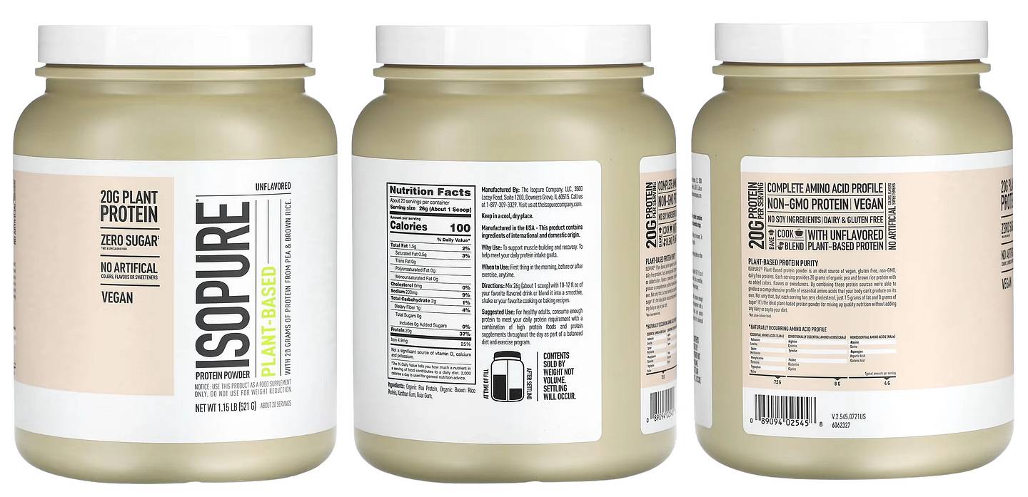 Isopure, Plant-Based Protein Powder, Unflavored packaging